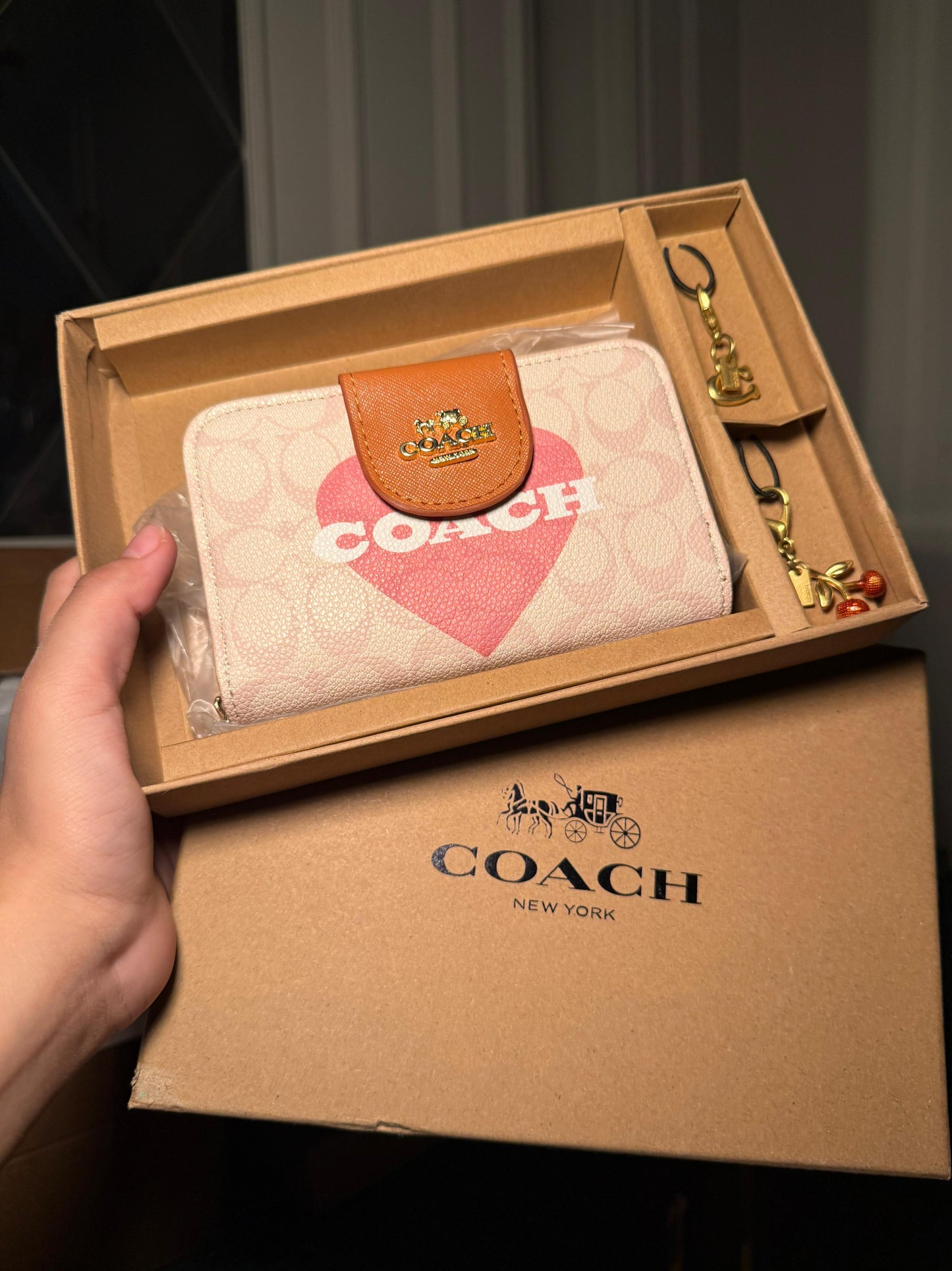 Coach Signature Canvas Wallet with Big Pink Heart & Tan Flap 3pcs Set (IMMEDIATE DELIVERY AVAILABLE)