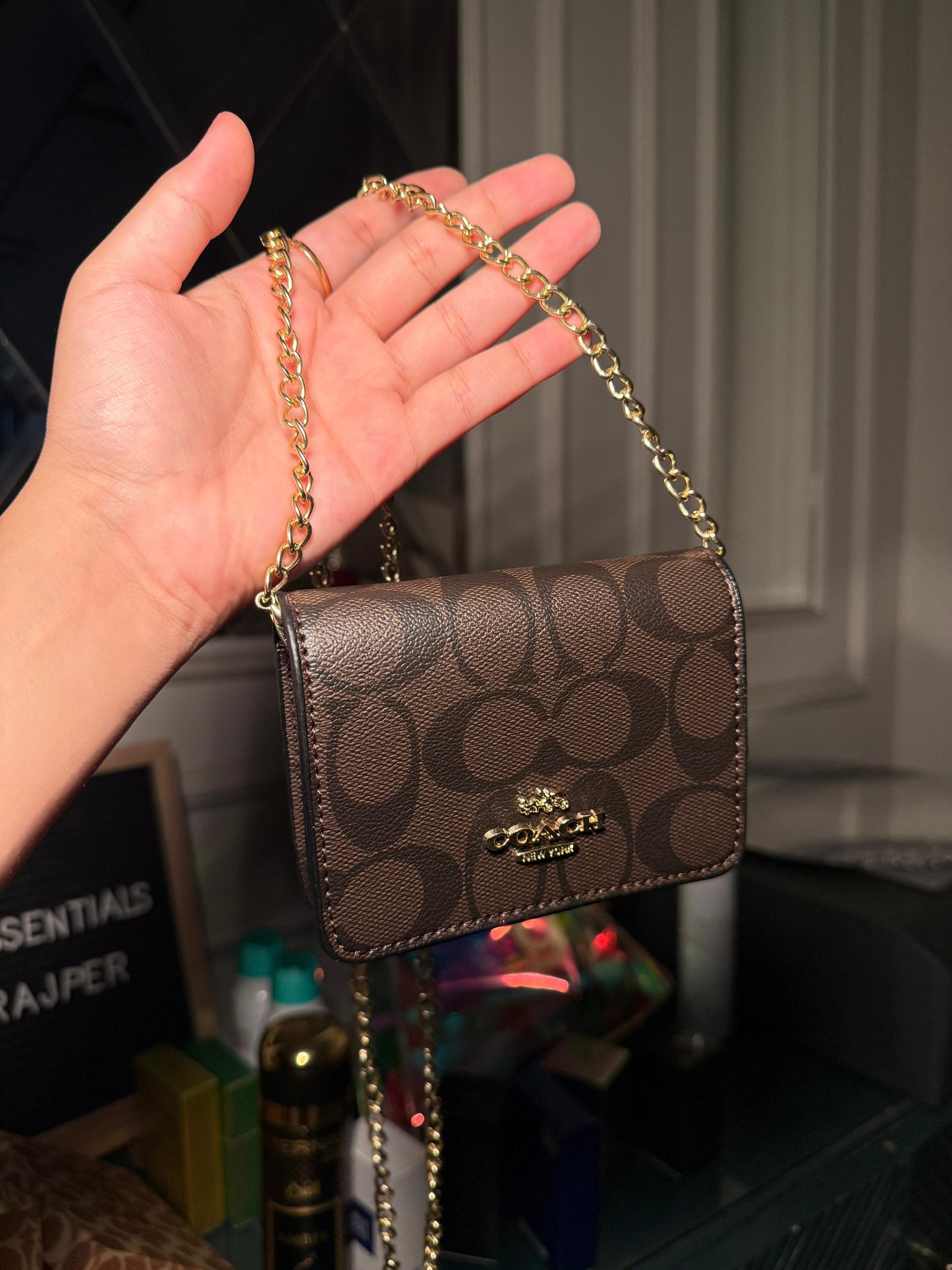 Coach Mini Crossbody in Dark Brown Signature Canvas Mini Chain Wallet (Gold Chain)(IMMEDIATE DELIVERY AVAILABLE)