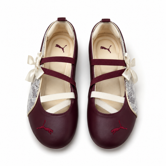 Puma Shoes | Puma Burgundy Ballet Flats With White Lace & Bow | Color: Red/White
