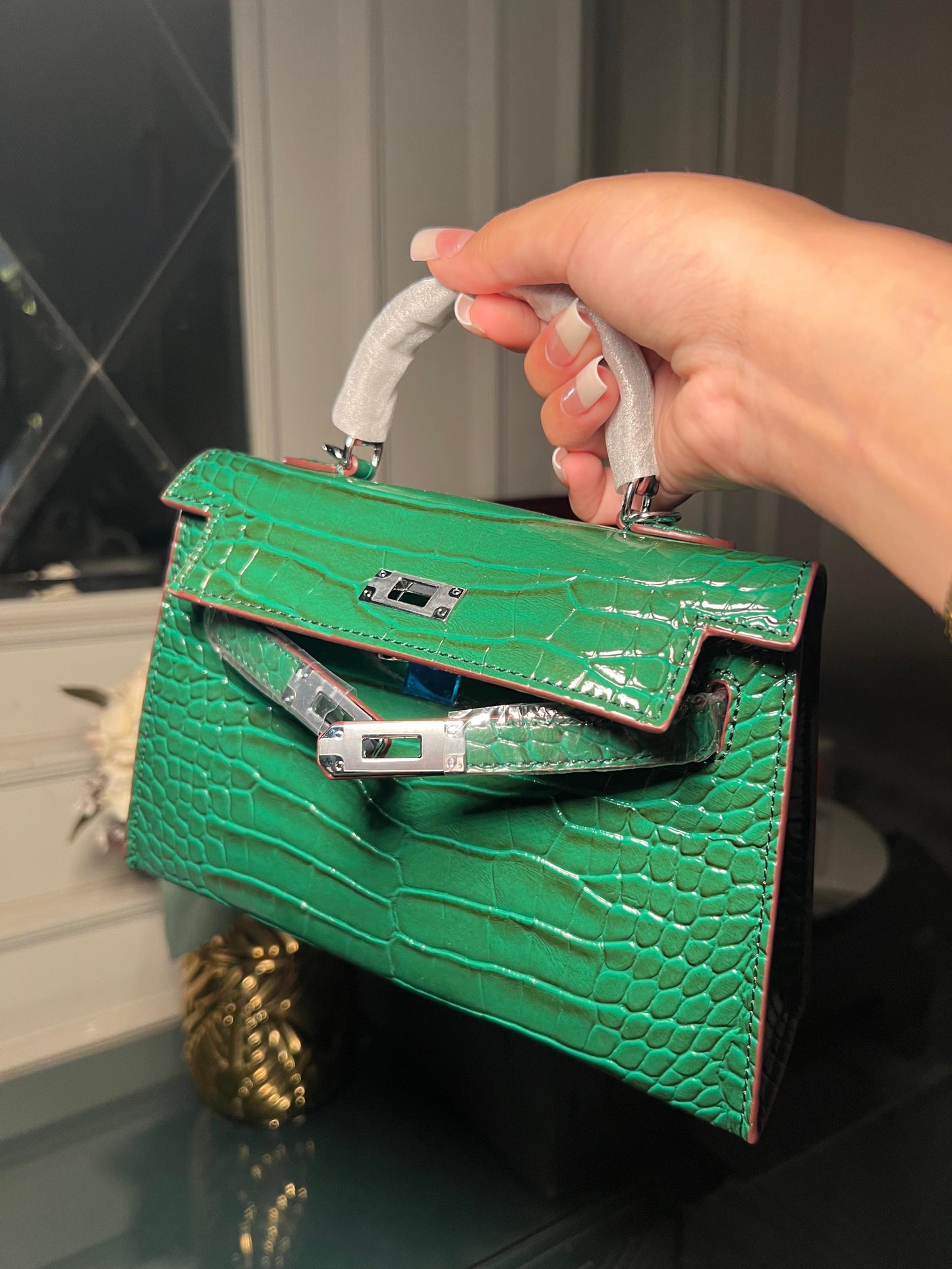 Green mini Kelly textured bag (available for immediate delivery)