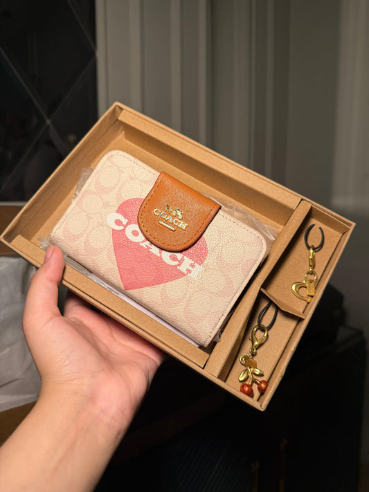 Coach Signature Canvas Wallet with Big Pink Heart & Tan Flap 3pcs Set (IMMEDIATE DELIVERY AVAILABLE)