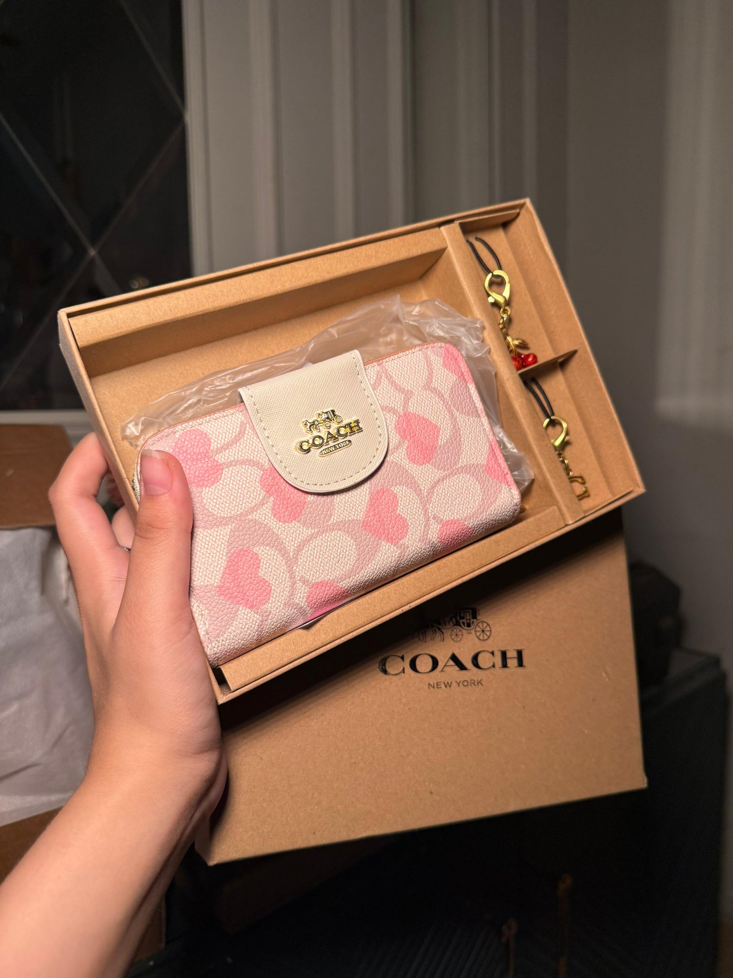 Coach Signature Canvas Wallet with Pink Hearts Print 3pcs Set (IMMEDIATE DELIVERY AVAILABLE)
