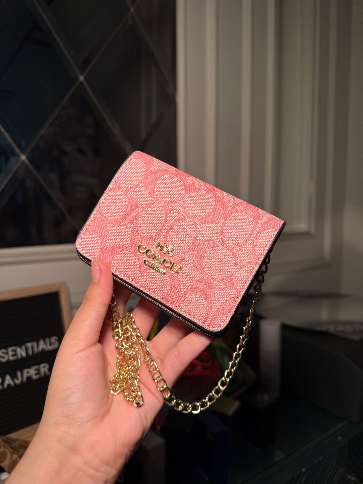 Coach Signature Canvas Mini Chain Wallet (Pink Chain) (IMMEDIATE DELIVERY AVAILABLE)