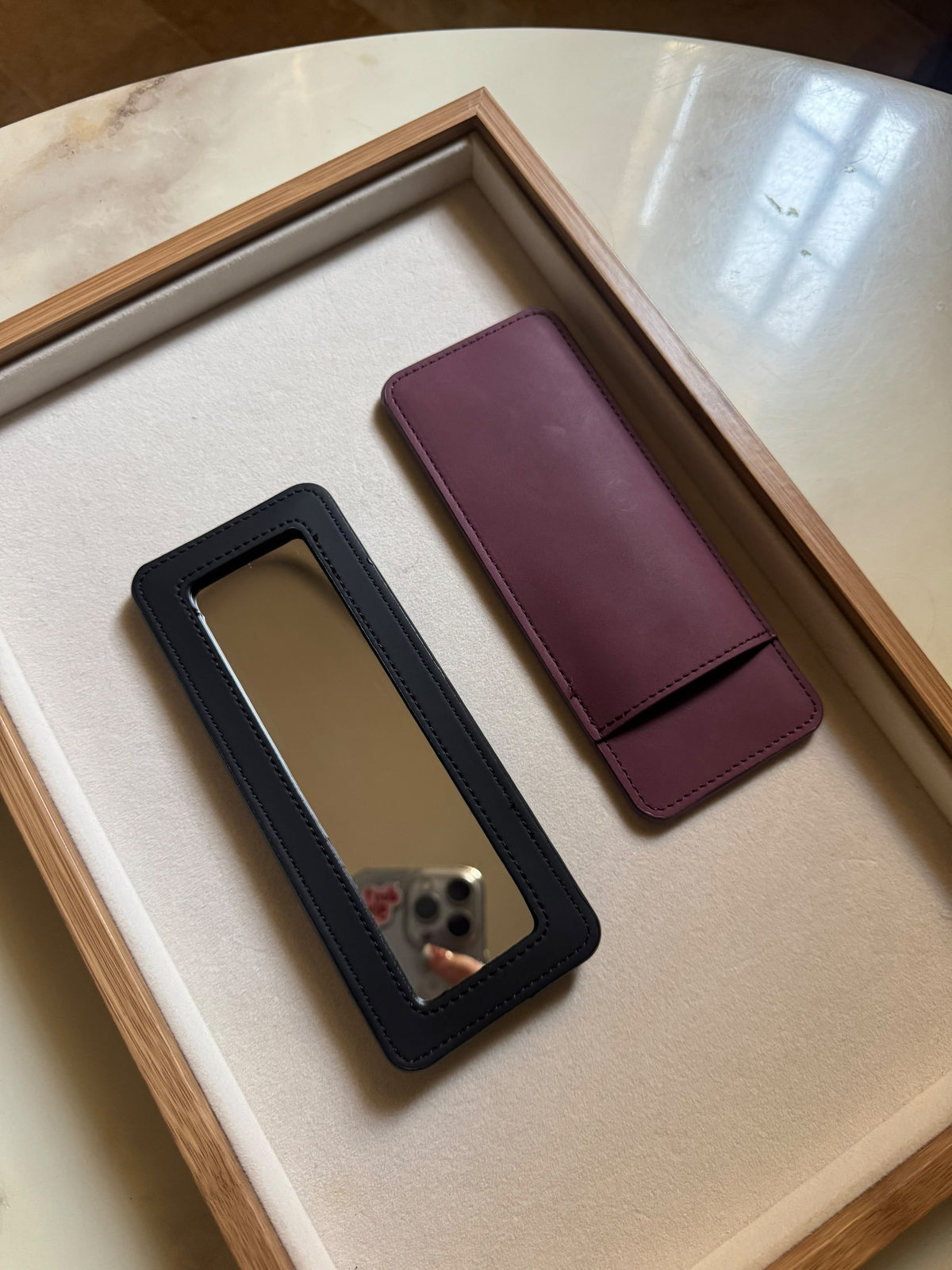 Slim Leather Makeup Pouch with Mirror