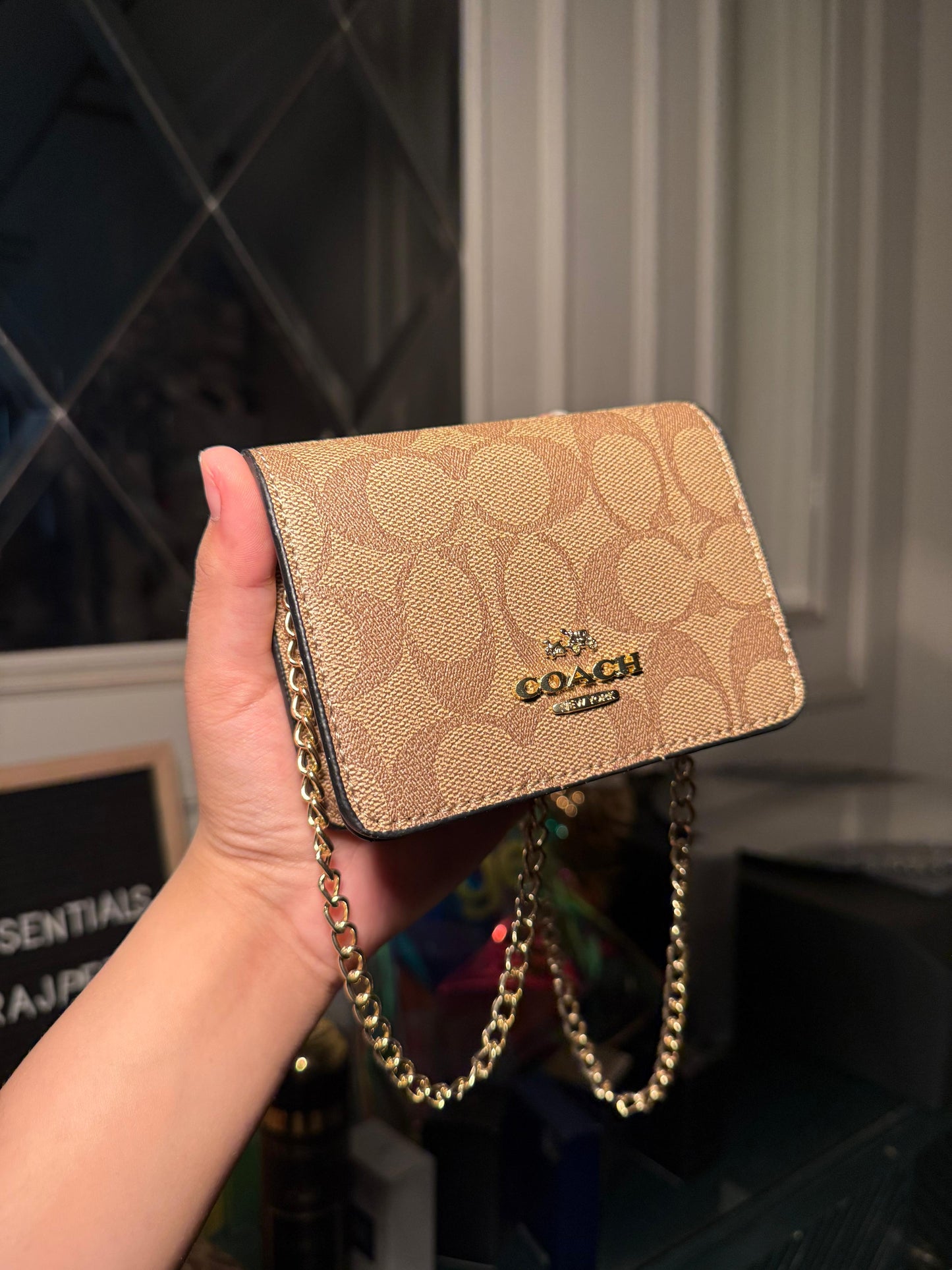 Coach Mini Crossbody in Signature Mini Chain Wallet Canvas (Khaki/Gold Chain) (IMMEDIATE DELIVERY AVAILABLE)