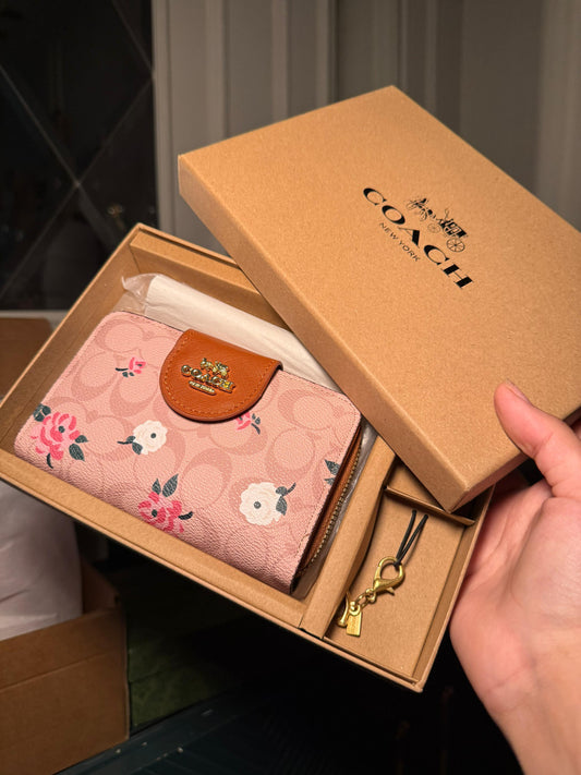 Coach Signature Canvas Wallet with Floral Print (Pink Flowers) 3pcs Set (IMMEDIATE DELIVERY AVAILABLE)