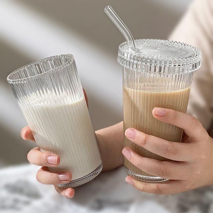 Stripe coffee Glass with lid