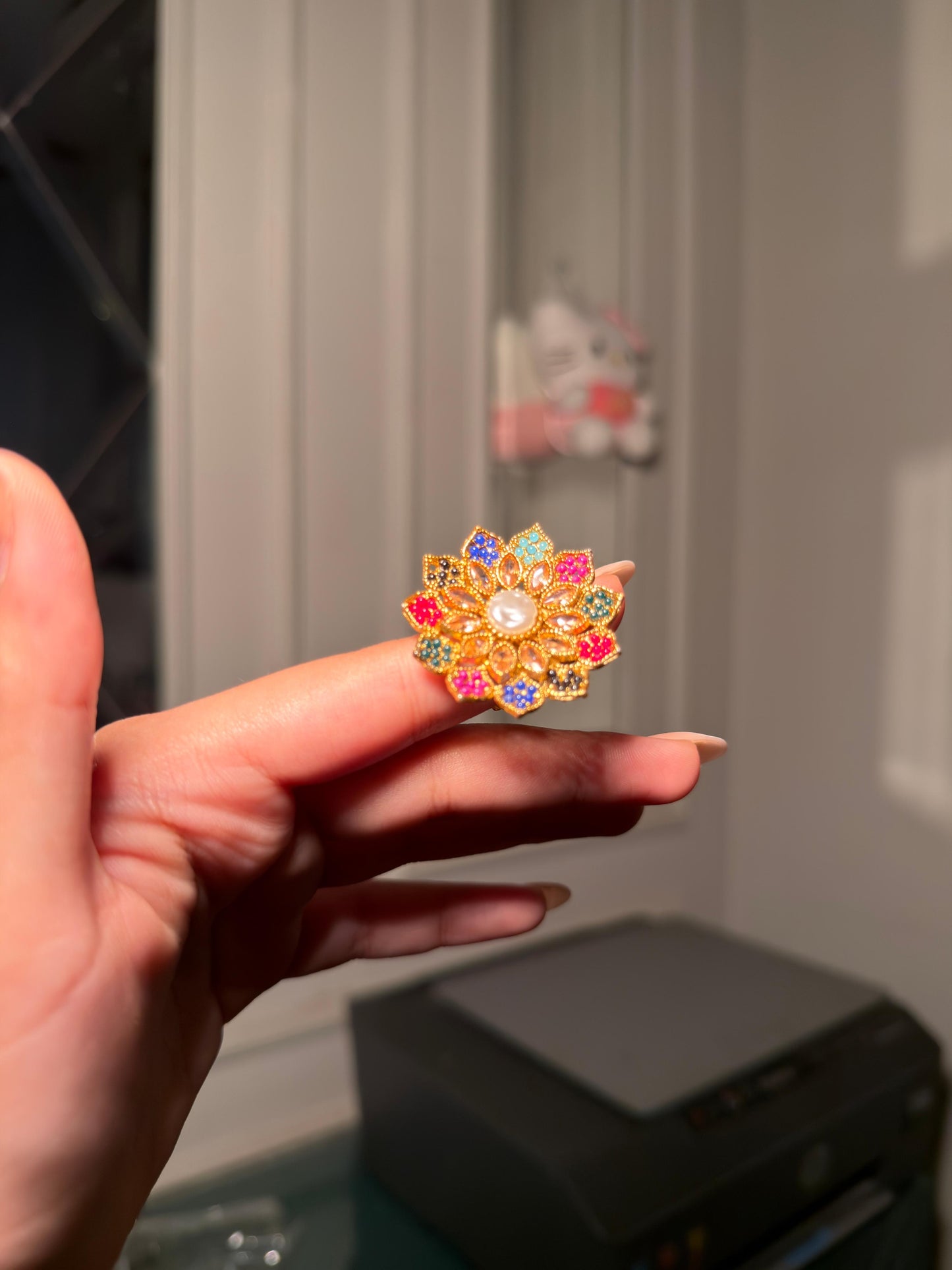 Rainbow Kundan Flower Ring