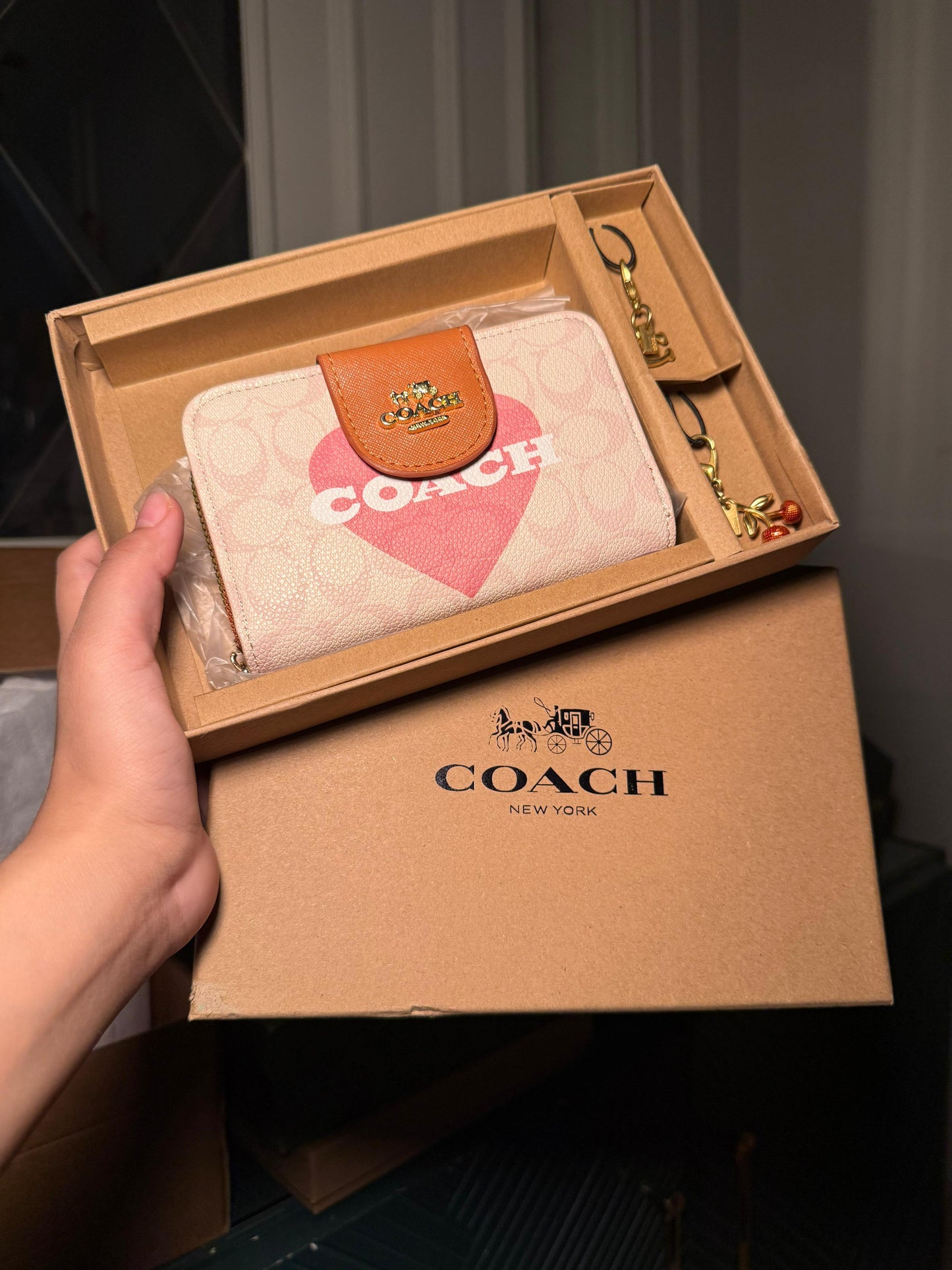 Coach Signature Canvas Wallet with Big Pink Heart & Tan Flap 3pcs Set (IMMEDIATE DELIVERY AVAILABLE)