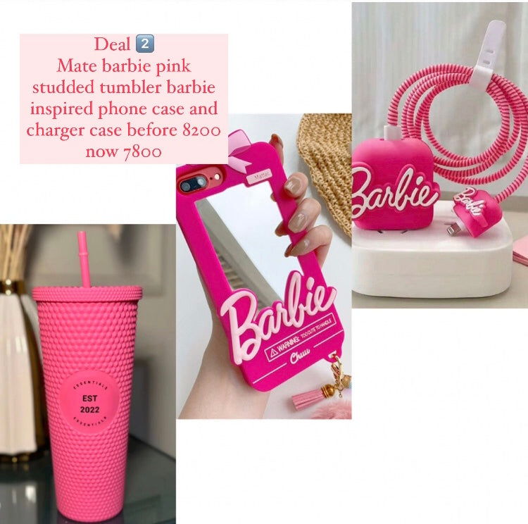 Mate barbie pink studded tumblr,barbie inspired phone case(iphone 14 pro max )(iPhone 12 pro max)and charger case bundle