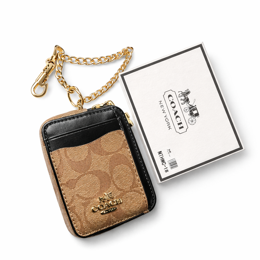 Coach Signature Canvas with Black Trim Mini ID/Key Pouch WITH BOX