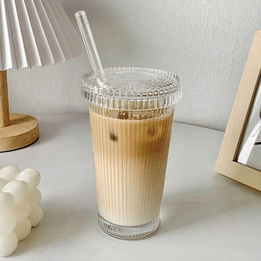 Stripe coffee Glass with lid