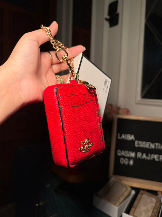 Coach Solid Red Pebbled Leather Mini ID/Key Pouch WITH BOX