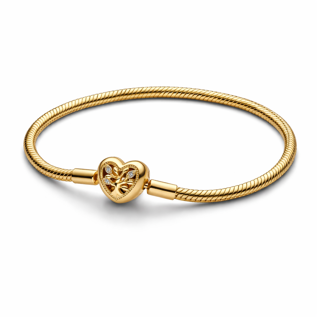 Pandora Moments Snake Chain Bracelet with Tree of Life Heart Clasp (Gold-Plated) – High quality, with Pandora packaging.
