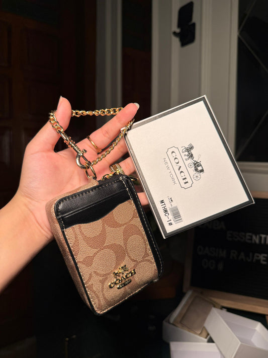 Coach Signature Canvas with Black Trim Mini ID/Key Pouch WITH BOX