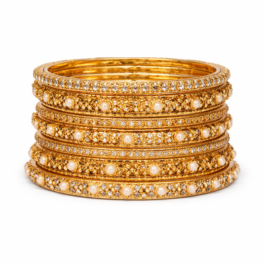 Golden Pearl Charm Bangle Set