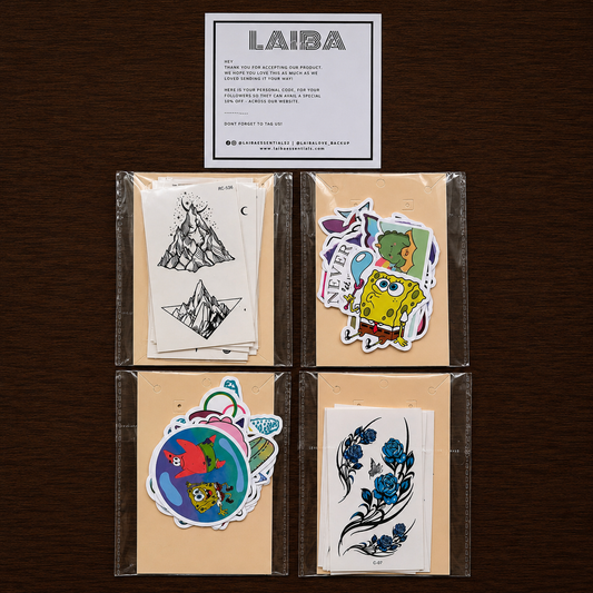 2 tattoo packs 10 sheet each pack) 2 sticker pack(10 sticker each pack) Value pack 5
