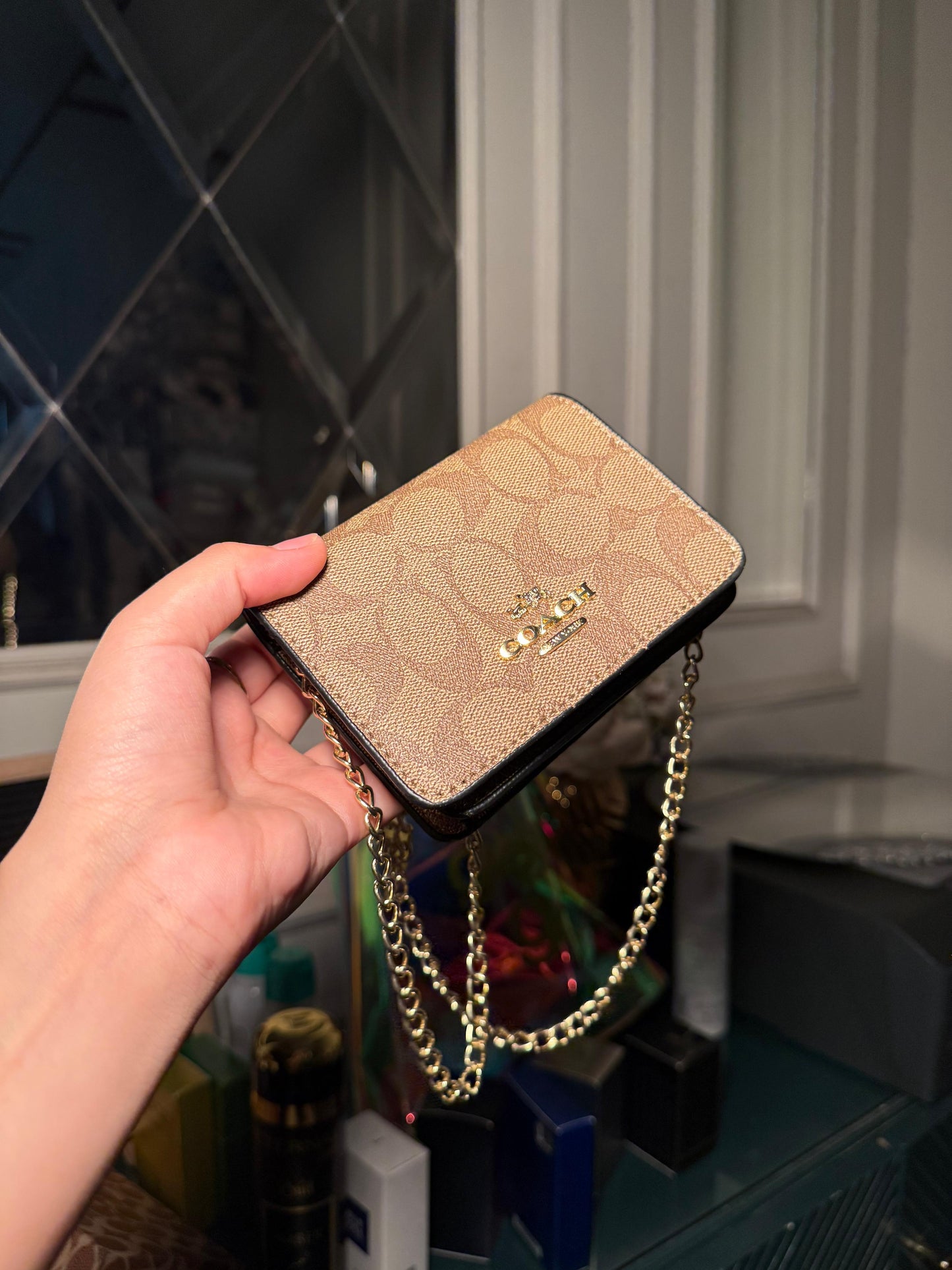 Coach Mini Crossbody in Signature Mini Chain Wallet Canvas (Khaki/Gold Chain) (IMMEDIATE DELIVERY AVAILABLE)