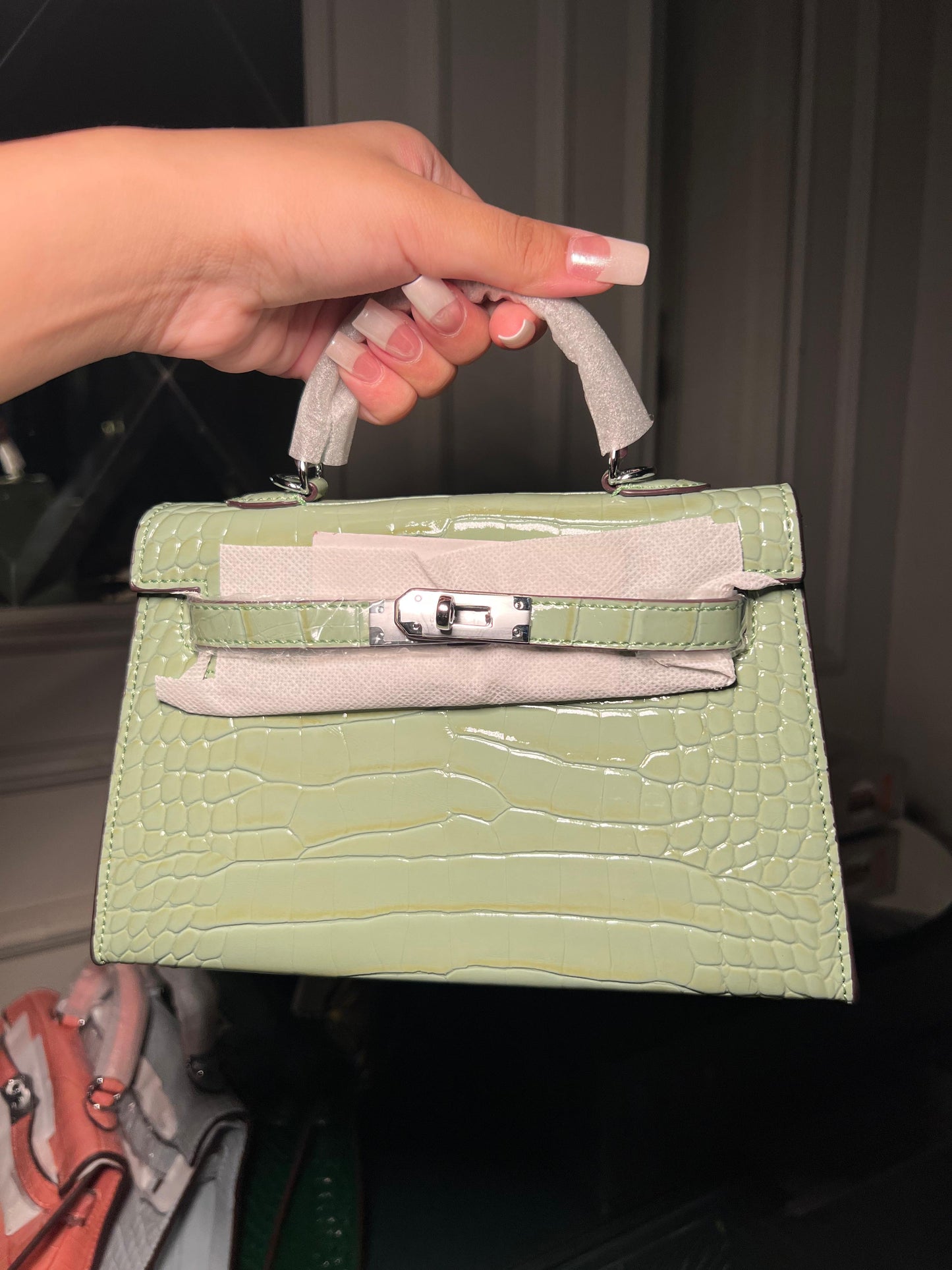 Pistachio textured mini Kelly birkin silver hardware 22 cm (immediate delivery available)