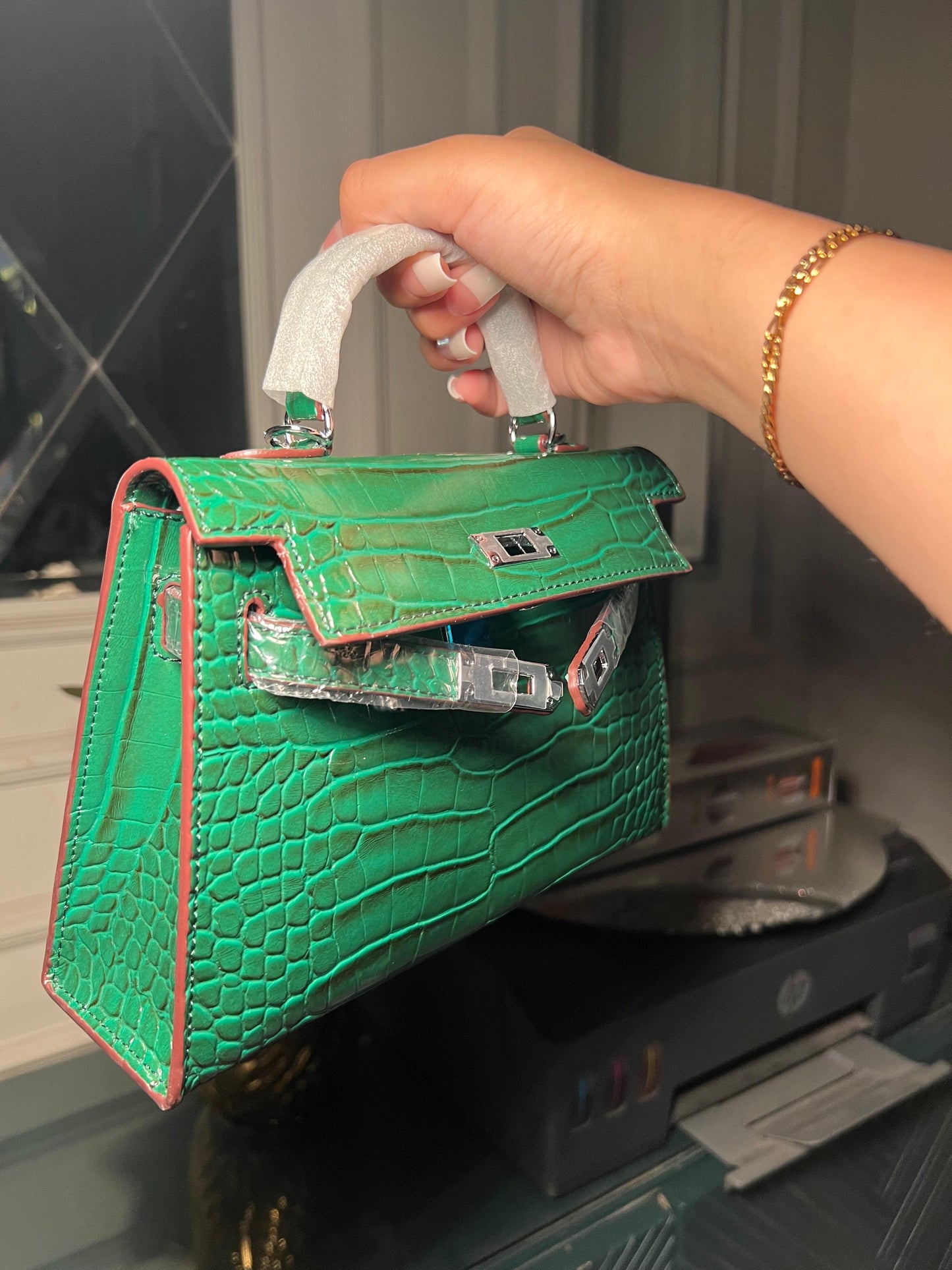 Green mini Kelly textured bag (available for immediate delivery)