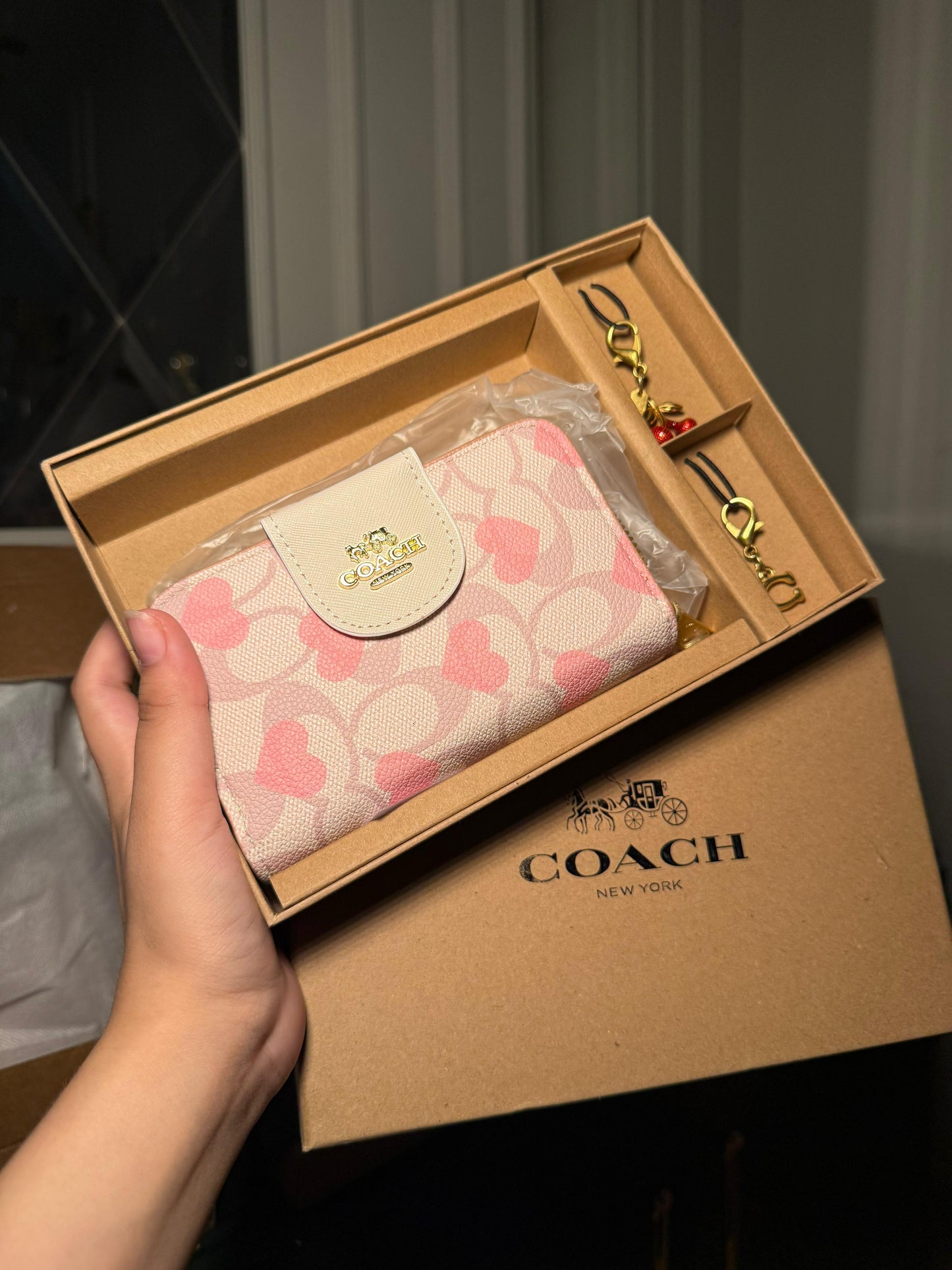 Coach Signature Canvas Wallet with Pink Hearts Print 3pcs Set (IMMEDIATE DELIVERY AVAILABLE)