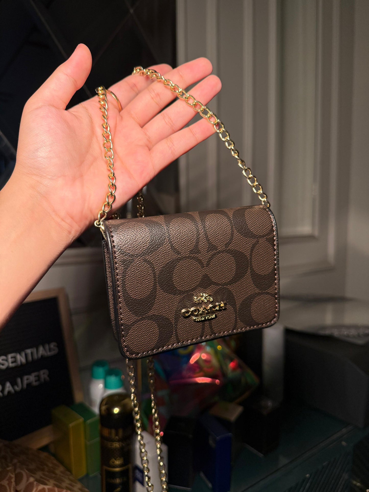 Coach Mini Crossbody in Dark Brown Signature Canvas Mini Chain Wallet (Gold Chain)(IMMEDIATE DELIVERY AVAILABLE)