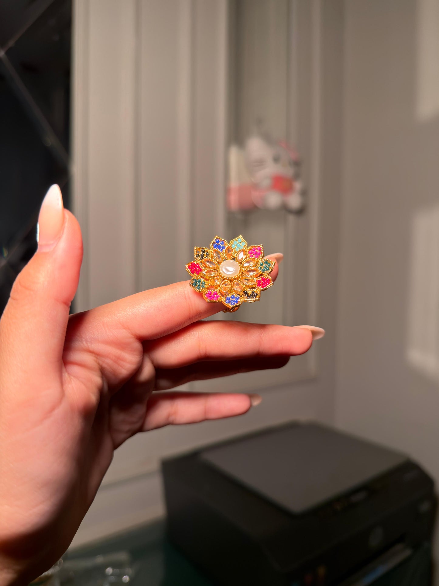 Rainbow Kundan Flower Ring