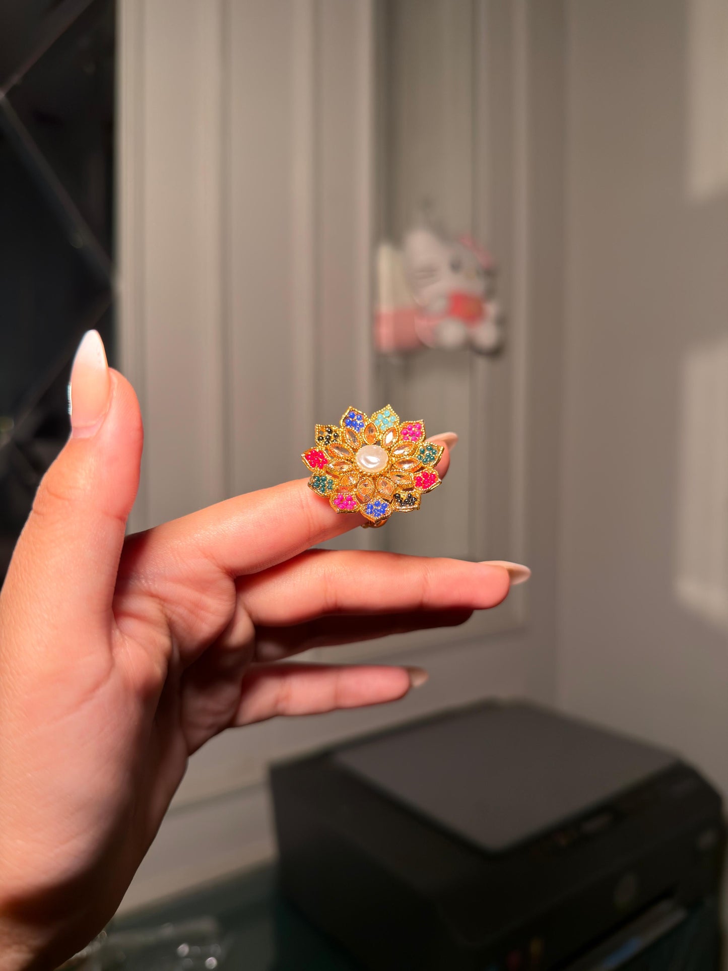 Rainbow Kundan Flower Ring