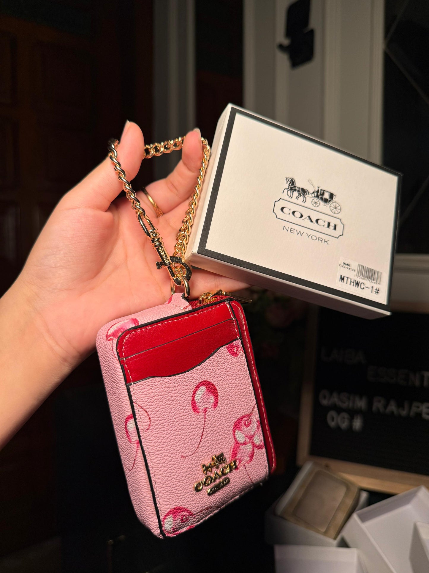Coach Pink Cherry Print with Red Trim Mini ID/Key Pouch WITH BOX