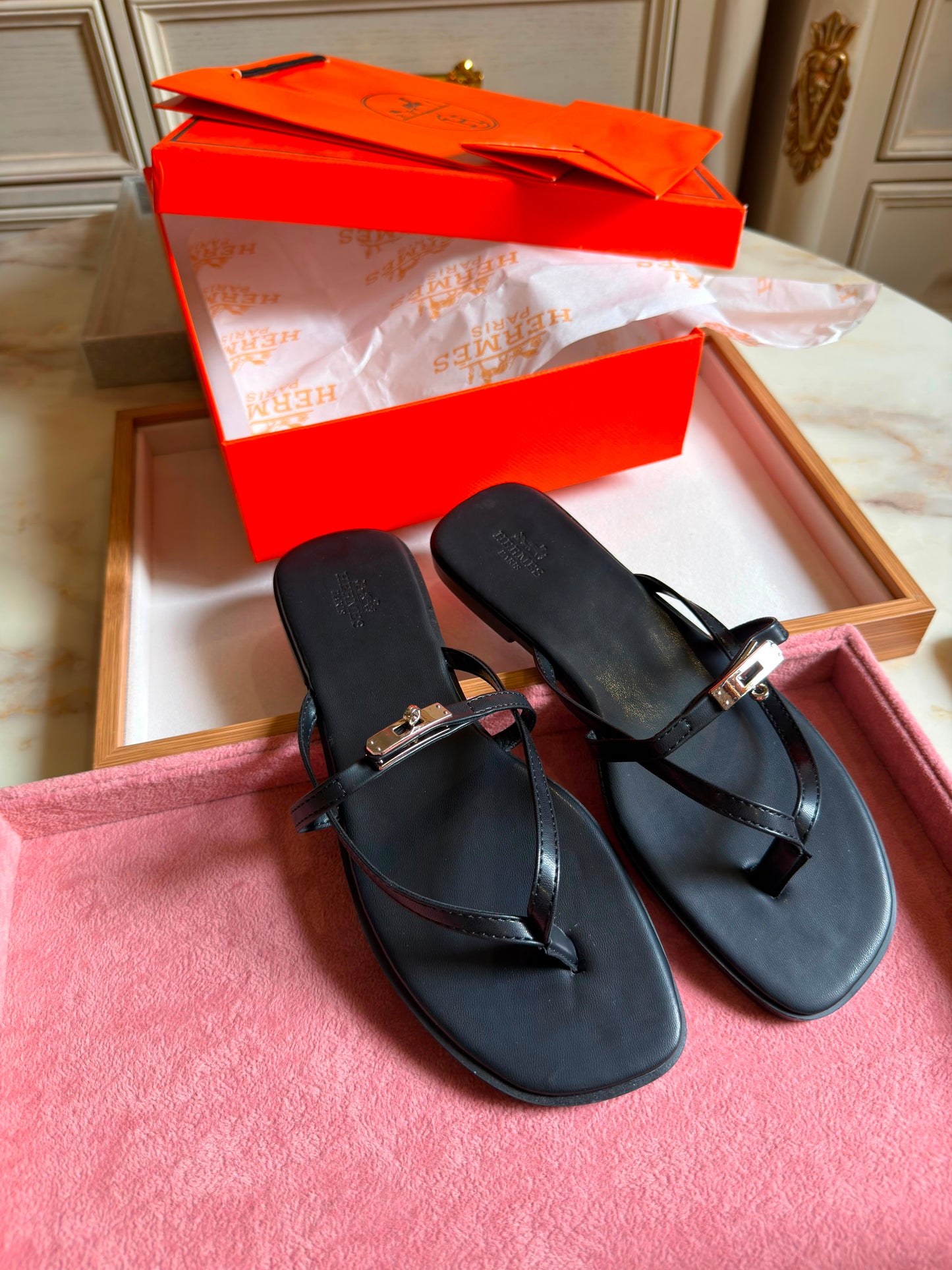 Black Hermes Flat Slippers
