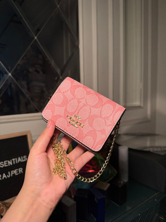 Coach Signature Canvas Mini Chain Wallet (Pink Chain) (IMMEDIATE DELIVERY AVAILABLE)