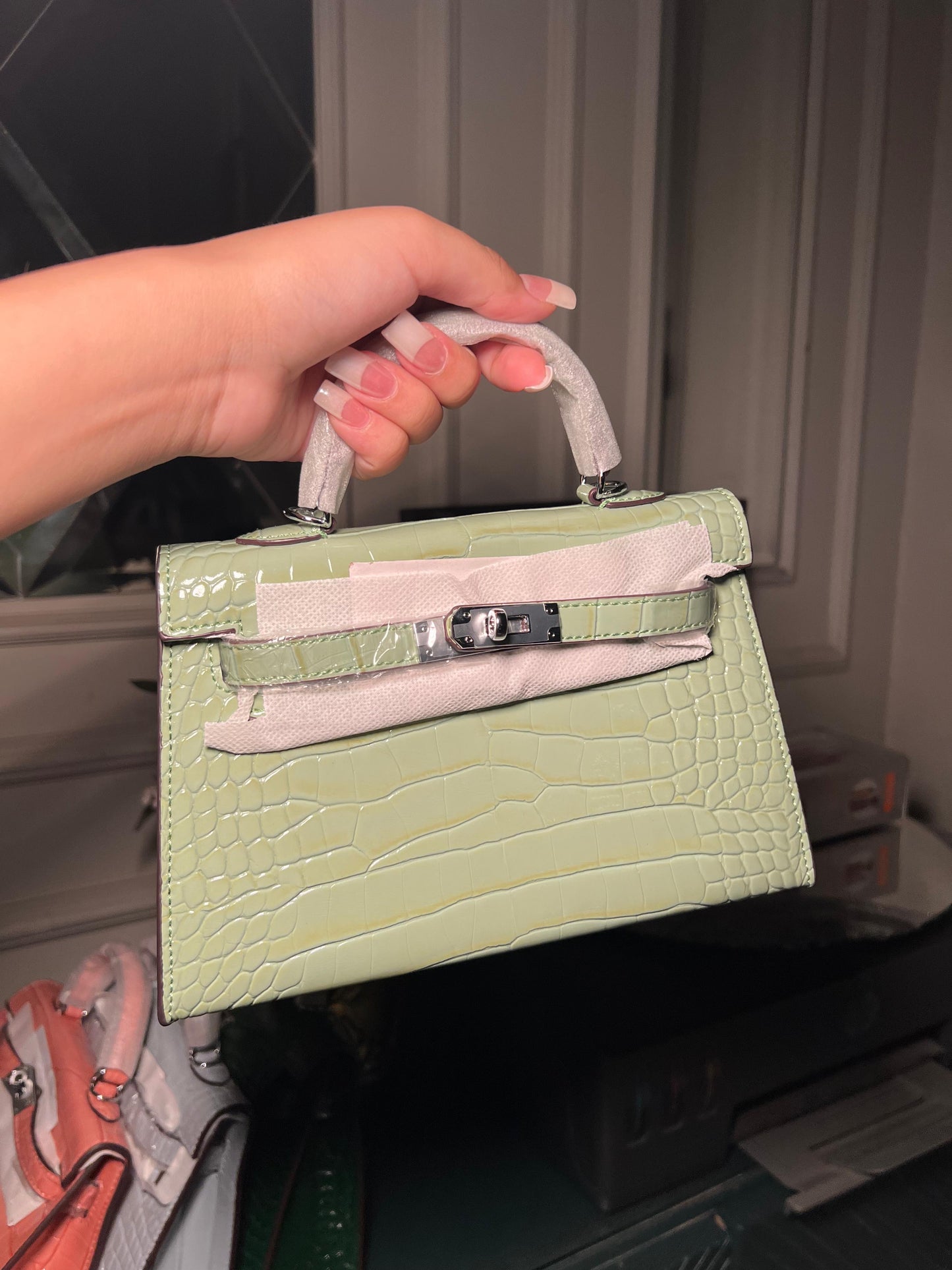 Pistachio textured mini Kelly birkin silver hardware 22 cm (immediate delivery available)
