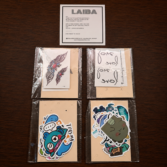2 tattoo packs 10 sheet each pack)
2 sticker pack(10 sticker each pack)
Value pack 1