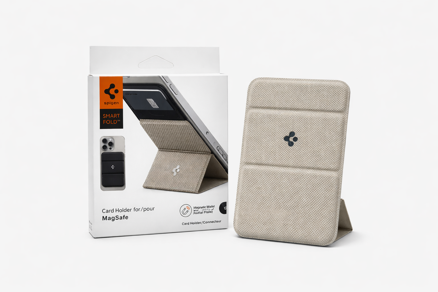 White Spigen magsafe card holder smart fold wallet + Mobile Stand