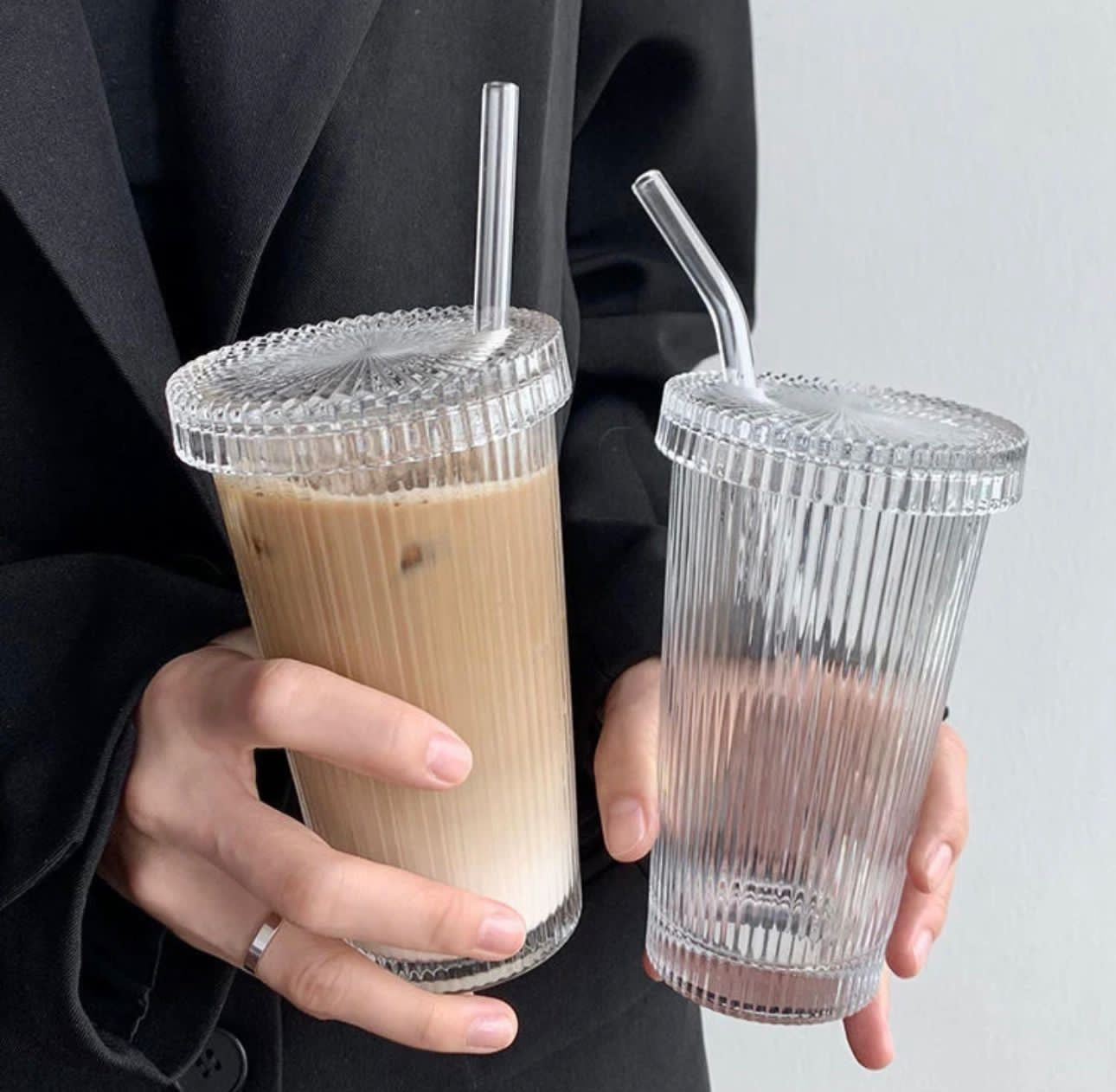 Stripe coffee Glass with lid