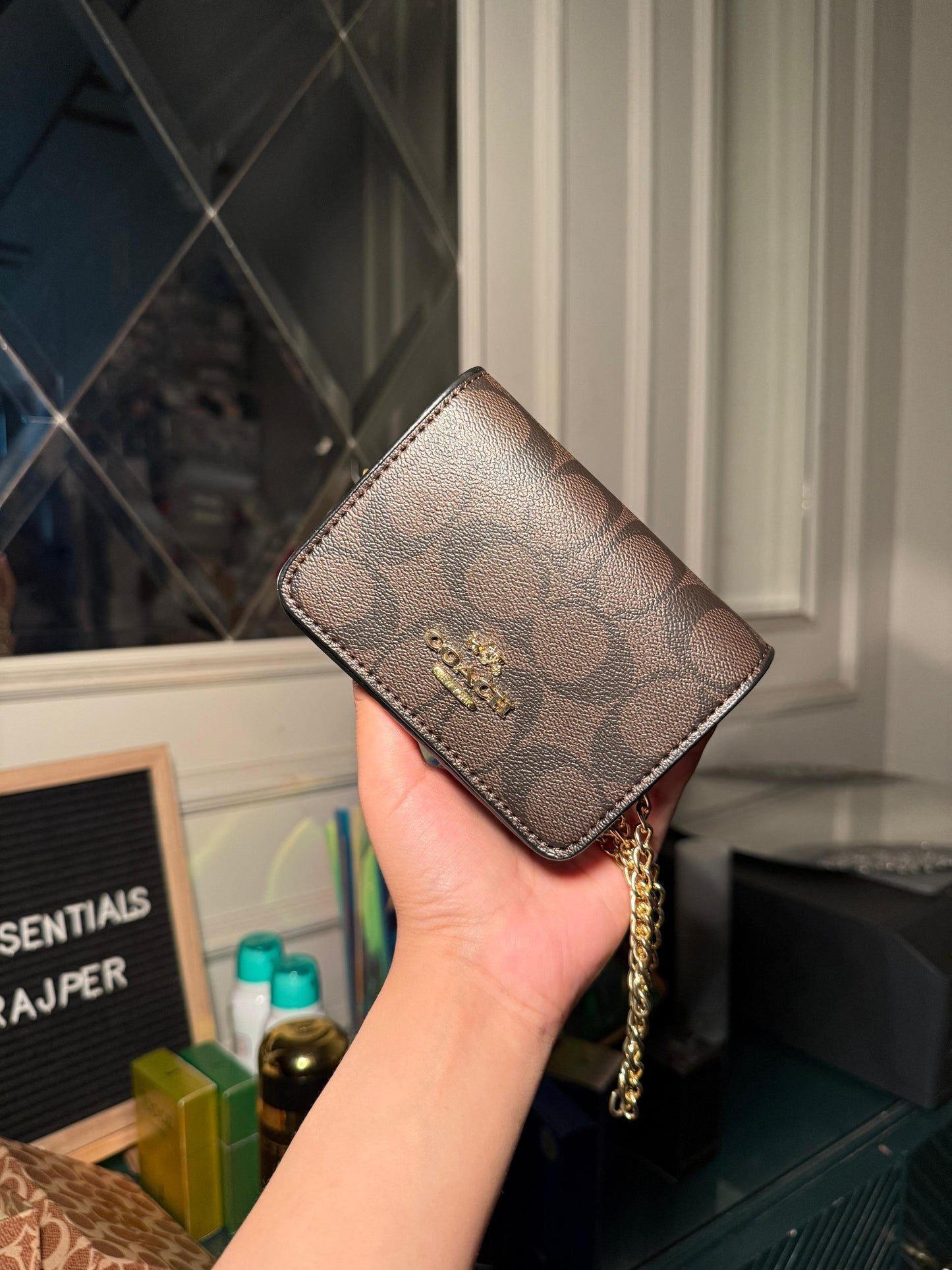 Coach Mini Crossbody in Dark Brown Signature Canvas Mini Chain Wallet (Gold Chain)(IMMEDIATE DELIVERY AVAILABLE)