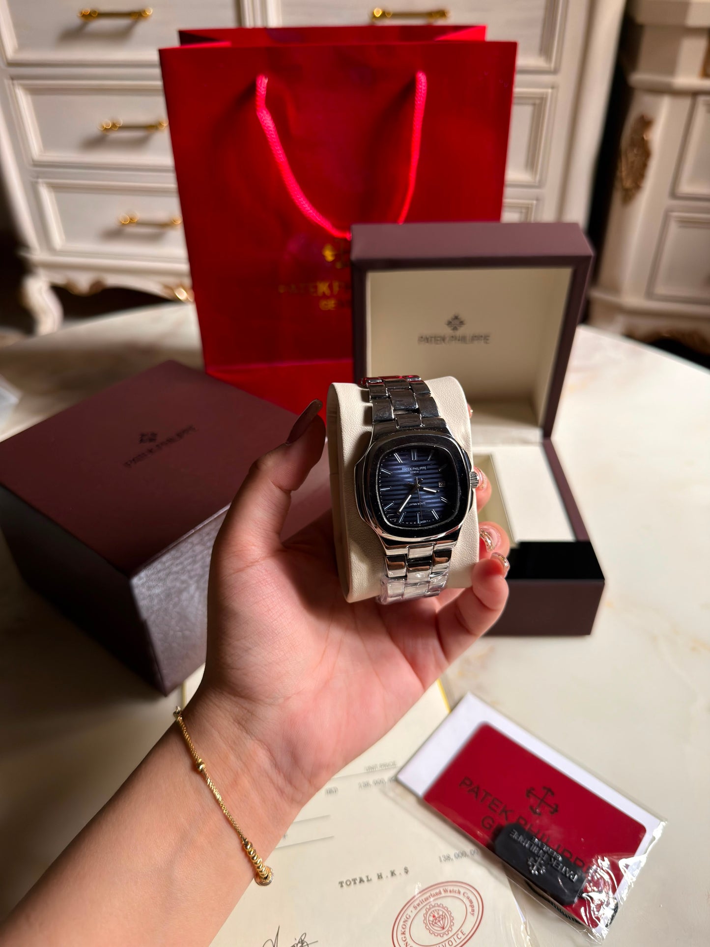 Diamond Steel Blue Patek Philippe Nautilus Watches (With Box & Proper Packaging)