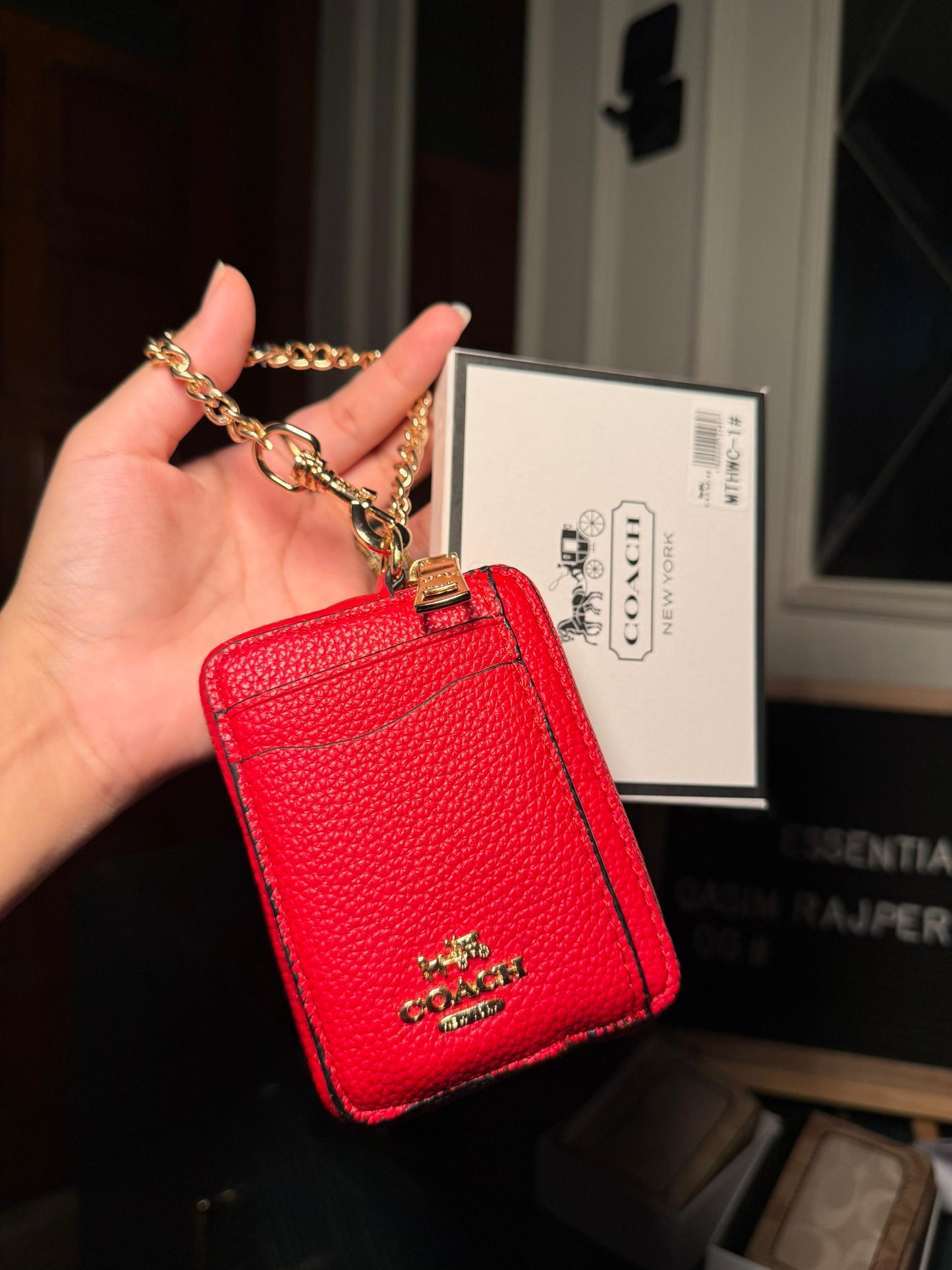 Coach Solid Red Pebbled Leather Mini ID/Key Pouch WITH BOX