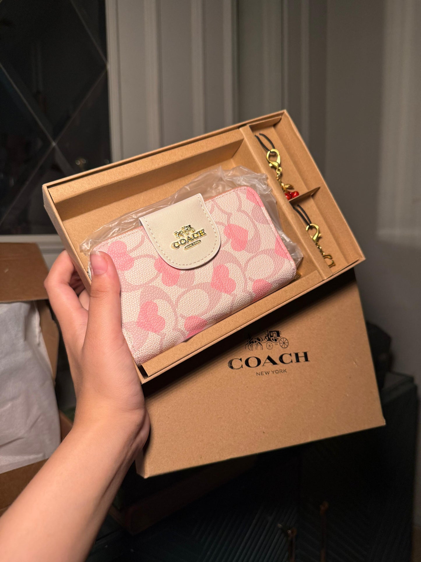 Coach Signature Canvas Wallet with Pink Hearts Print 3pcs Set (IMMEDIATE DELIVERY AVAILABLE)