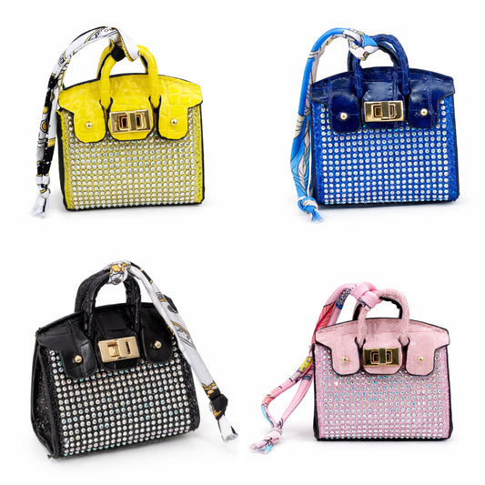 Faux leather with rhinestones and matching printed handle scarf birkin bag charm key chain