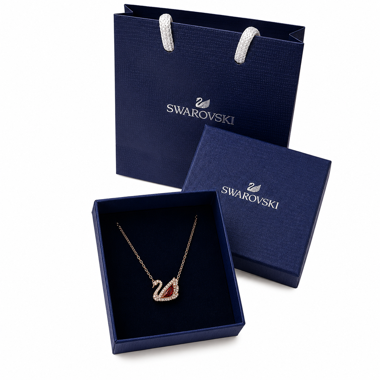 Swarovski Iconic Swan Dazzling Pendant Necklace (Rose Gold, Pink Stone) – Comes in original brand packaging.