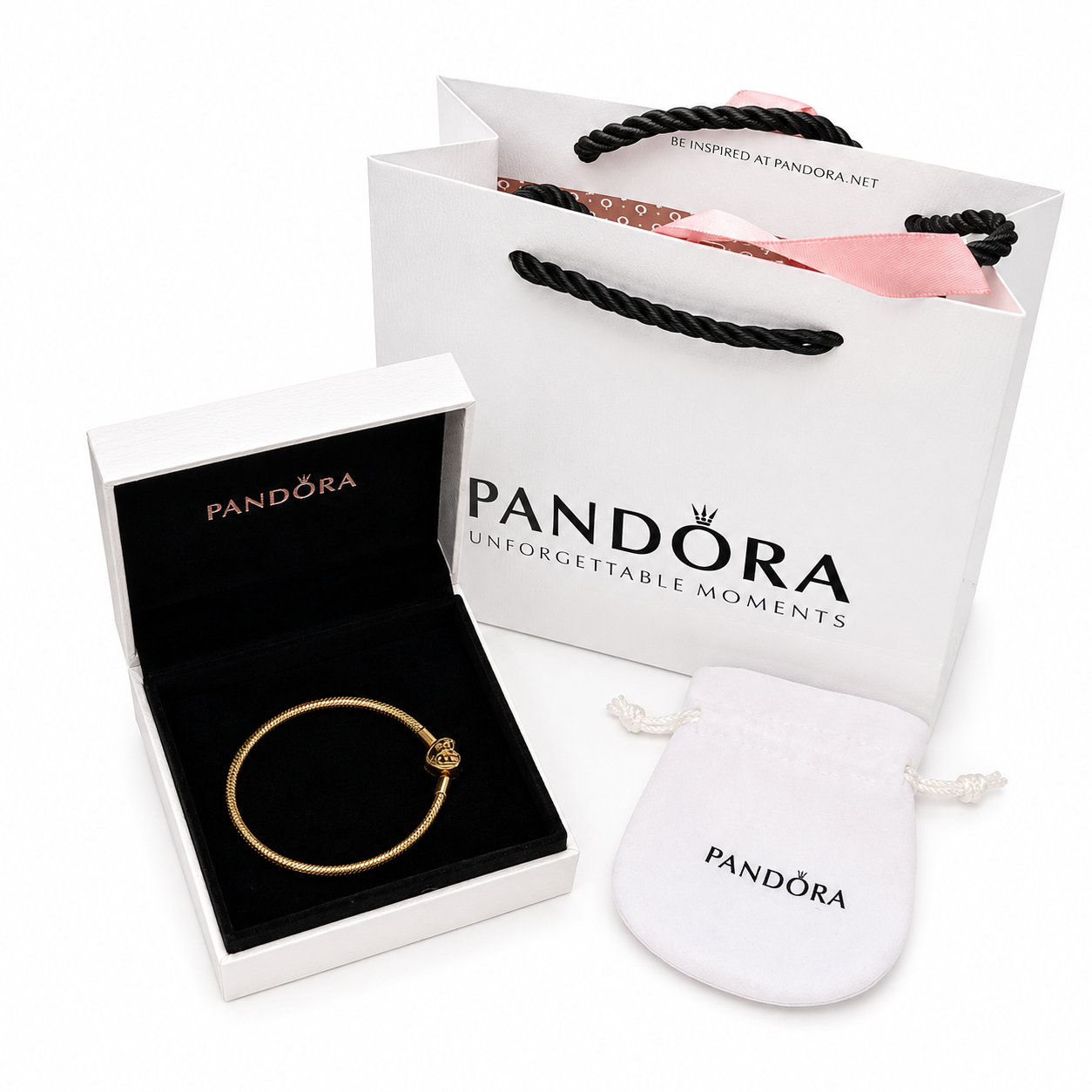 Pandora Moments Snake Chain Bracelet with Tree of Life Heart Clasp (Gold-Plated) – High quality, with Pandora packaging.
