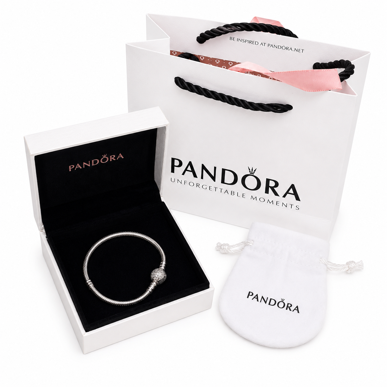 Pandora Moments Snake Chain Bracelet with Pavé Heart Clasp – High quality, with Pandora packaging.