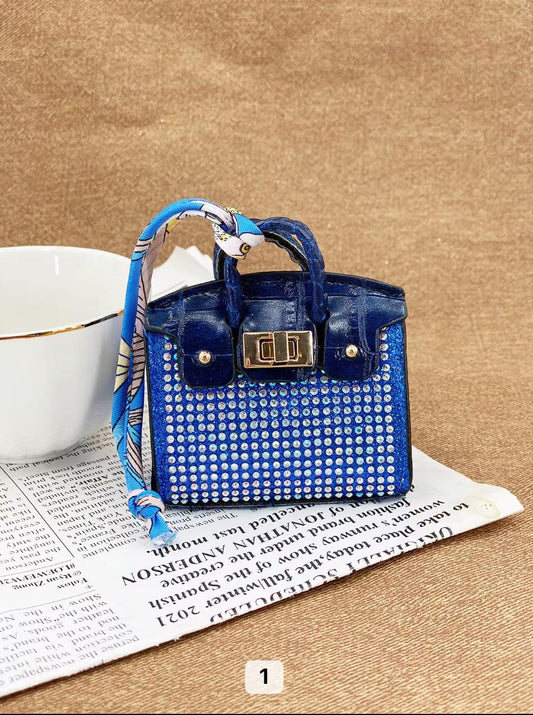 Dark blue faux leather with rhinestones and matching printed handle scarf birkin bag charm key chain