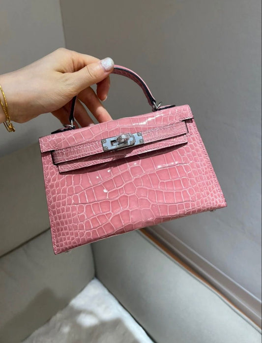 Pink shiny textured mini Kelly birkin silver hardware 22 cm (15 -20 days delivery time)