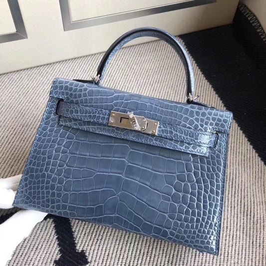 Blue shiny textured mini Kelly birkin silver hardware 22 cm (15 -20 days delivery time)