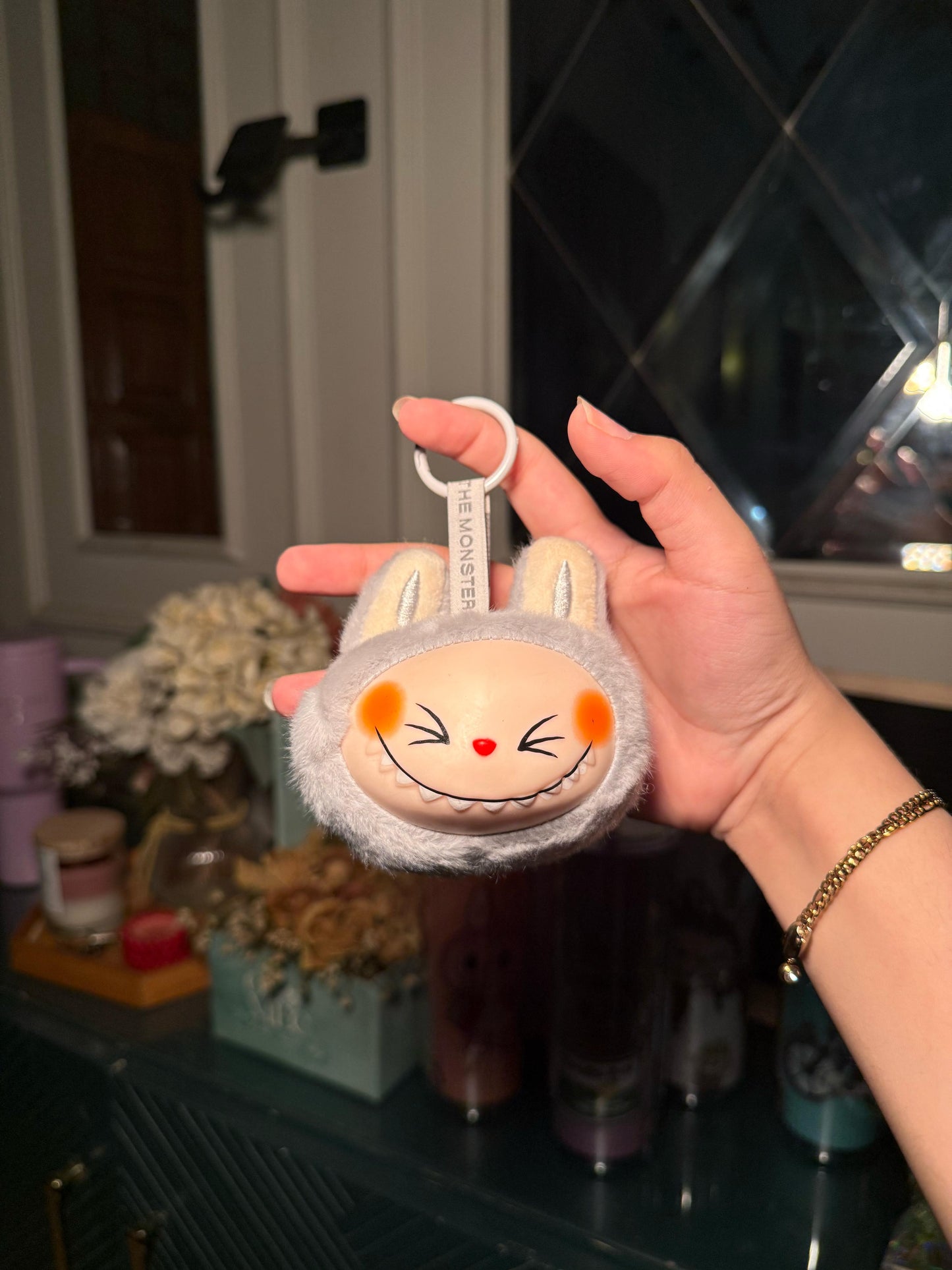 Grey Teethe Labubu keychain charm