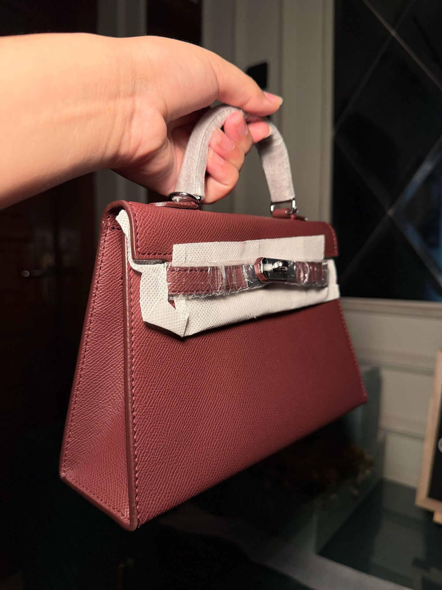Burgundy mini Kelly bag 22 cm with silver lock (instock)