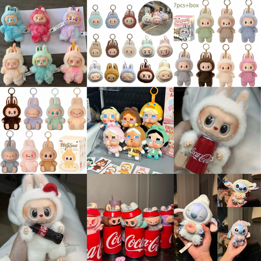 9pc Random labubu bundle9 (Coca-Cola can / Coca-Cola bottle/ colored cola labubu / big into energy/ teethe labubu / excited macaroon/ have a seat / crying doll/ stitch )