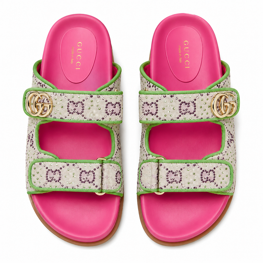 GUCCI GG New Canvas Nappa Crystal Womens Slide Sandals With Straps